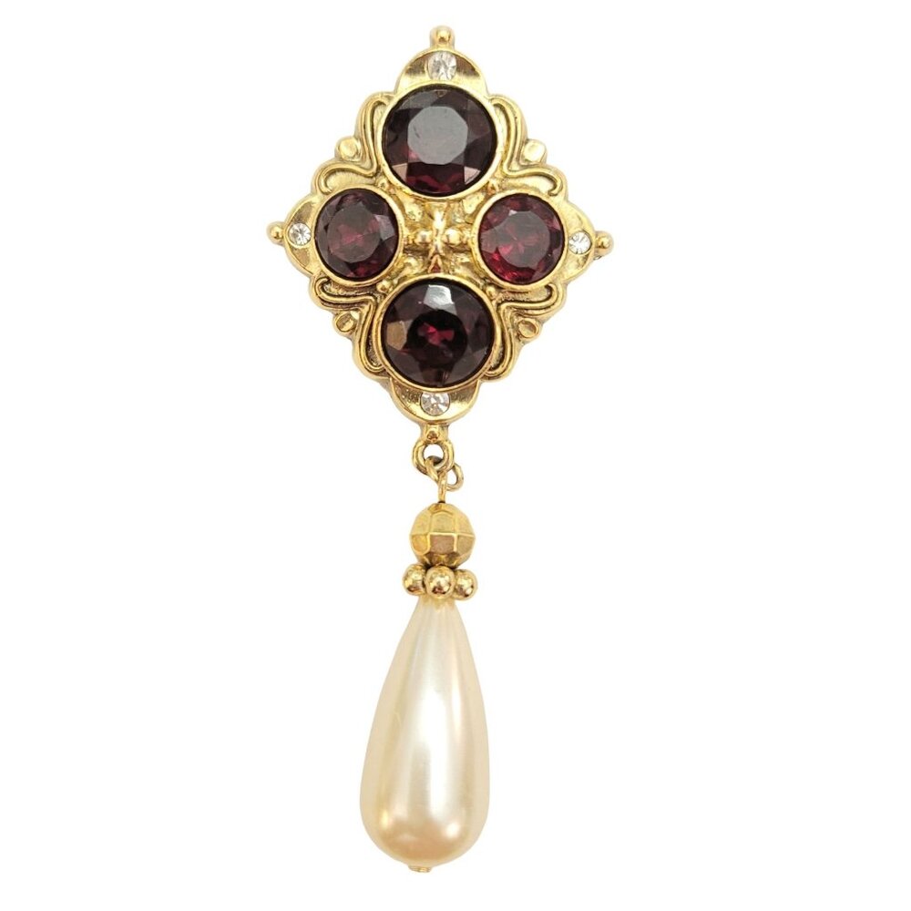 1928 Brand Red Glass Rhinestone Cross Pattern Faux Pearl Dangle Brooch, M854